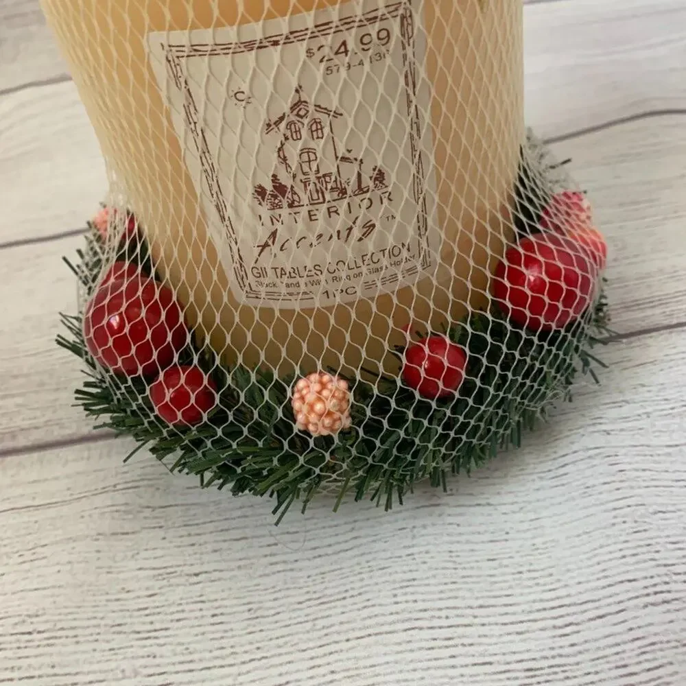 Interior Accents Cream Holiday Candle with Mini Wreath and Glass Holder 6 3/4